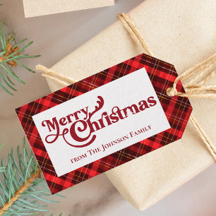 Étiquettes-cadeau Joyeux Noël traditionnel Rouge Plaid Personnalisé