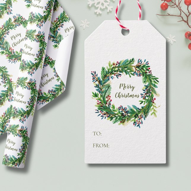 Étiquettes-cadeau Joyeux Noël Vacances Wreath Medium Cadeau Sac cade (Christmas Wreath festive wreath gift tags with Merry Christmas text, and space for to and from text.)