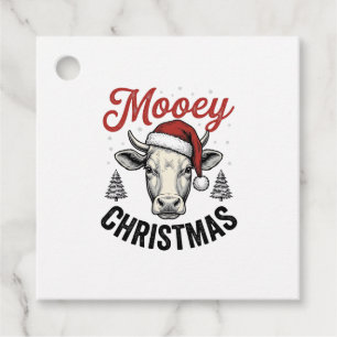 Étiquettes Cadeau Joyeux Noël Vache Chapeau de Père Noël Gravure Vin