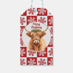 Étiquettes-cadeau Joyeux Noël Verdure Vache Highland Miniature