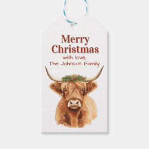 Étiquettes-cadeau Joyeux Noël Verdure Vache Highland Miniature