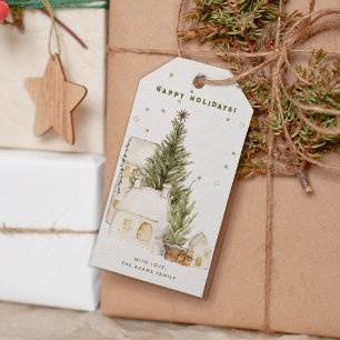 Étiquettes-cadeau Joyeux Noël Village Vert Aquarelle Vintage