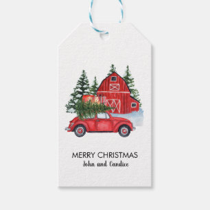 Étiquettes-cadeau Joyeux Noël Voiture Rouge Vintage Grange Arbres No