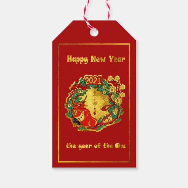 Étiquettes-cadeau Joyeux Nouvel An chinois du boeuf (Devant)