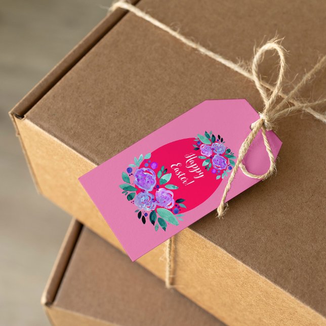 Étiquettes-cadeau Joyeux oeuf rose fleuri à l'aquarelle de Pâques (Créateur téléchargé)