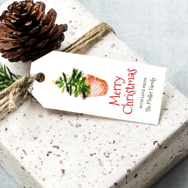 Étiquettes-cadeau Joyeux panier de Noël vert aquarelle (Merry Christmas tree basket green watercolor Gift Tags)