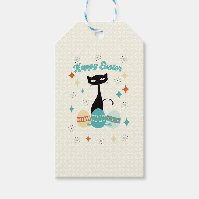 Étiquettes-cadeau Joyeux Pâques, Époque Atomique, Chat Moderne Du Mi (Devant)