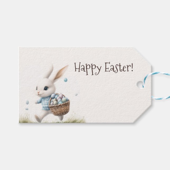 Étiquettes-cadeau Joyeux pâques, lapin de Pâques marchant avec des o (Devant (Horizontal))