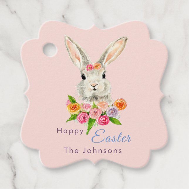 Étiquettes Cadeau Joyeux Pâques mignon lapin rose (Devant)