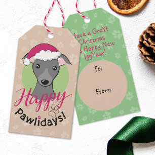 Étiquettes-cadeau Joyeux pawlidays Caricature de chien gris glacé No