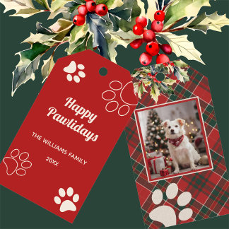 Étiquettes-cadeau Joyeux Pawlidays Chien Paw Red Plaid Photo Noël