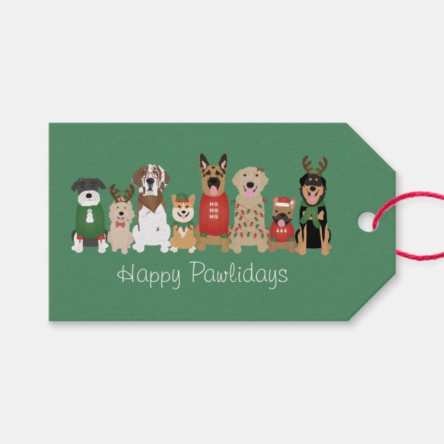 Étiquettes-cadeau Joyeux Pawlidays Chiens Red Green (Devant (Horizontal))