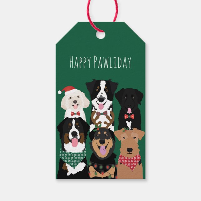 Étiquettes-cadeau Joyeux Pawlidays de mignons chiens de Noël (Devant)