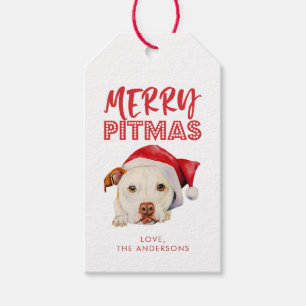Étiquettes-cadeau Joyeux Pitmas, mignon Chien taureau Père Noël Pit