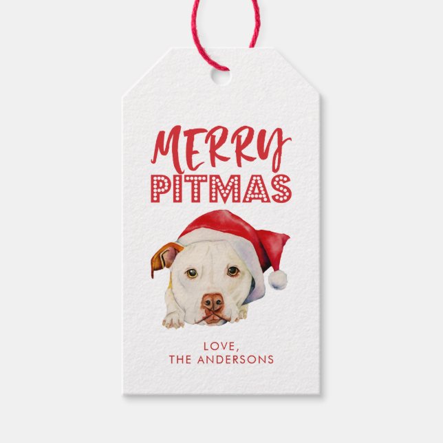 Étiquettes-cadeau Joyeux Pitmas, mignon Chien taureau Père Noël Pit  (Devant)