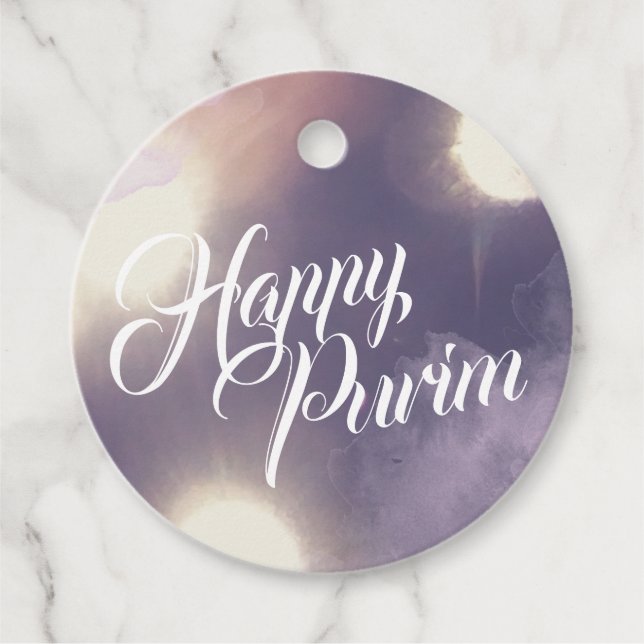 Étiquettes Cadeau Joyeux purim en étincelle et pourpre (Devant)