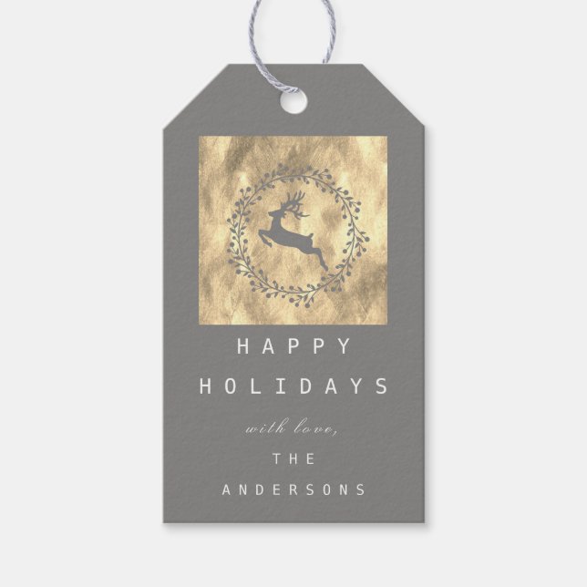Étiquettes-cadeau Joyeux rennes de Noël Champaigne Gold Grey (Devant)