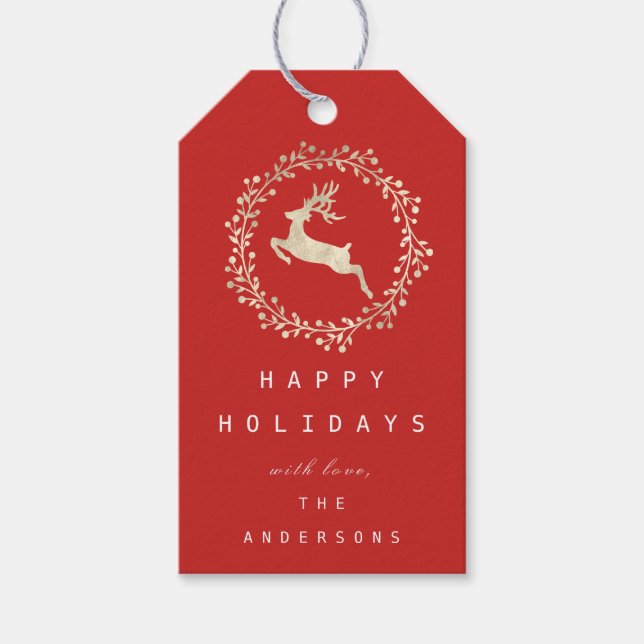 Étiquettes-cadeau Joyeux rennes de Noël Champaigne Gold Red (Devant)
