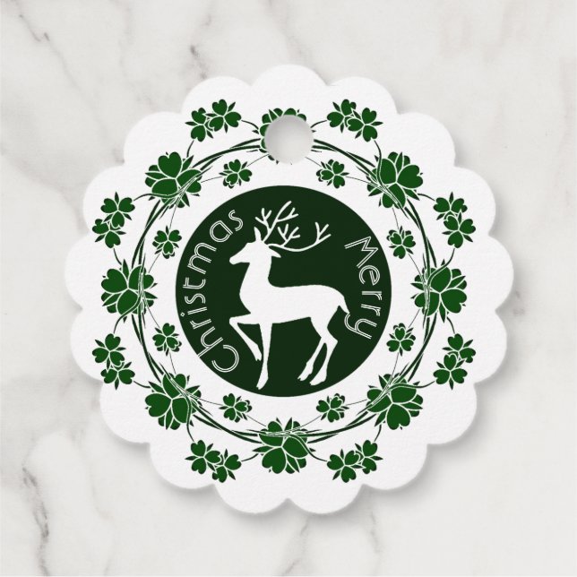 Étiquettes Cadeau Joyeux rennes de Noël Floral Green Wreath mite (Dos)
