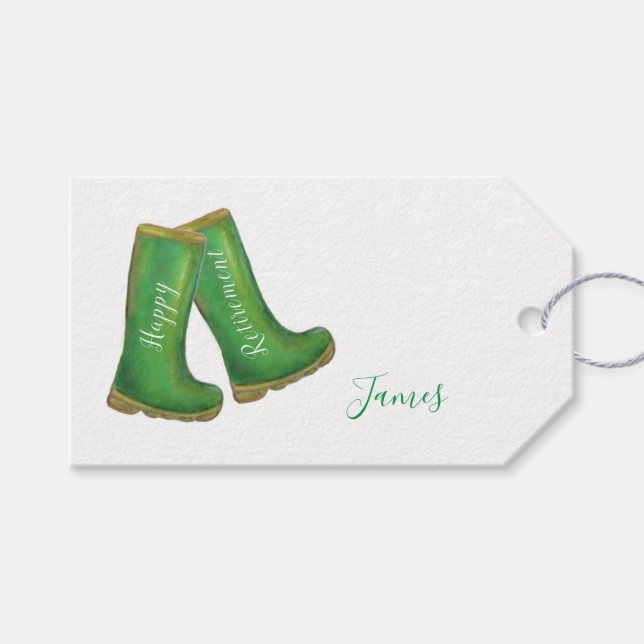 Étiquettes-cadeau Joyeux retraite vert jardinage welly boot (Devant (Horizontal))