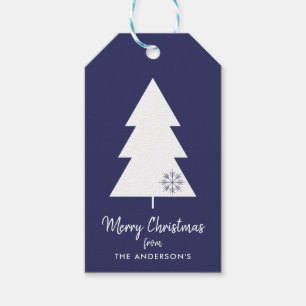 Étiquettes-cadeau Joyeux sapin de Noël blanc bleu de la marine