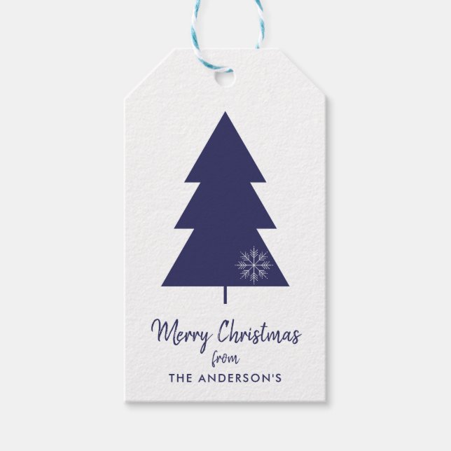 Étiquettes-cadeau Joyeux sapin de Noël bleu de la marine de Noël (Devant)