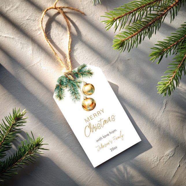 Étiquettes-cadeau Joyeux sapin en or de Noël (Merry Christmas personalized gift tags gold baubles pines custom printed Christmas Gift Tags)