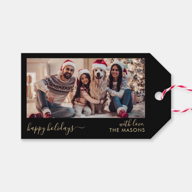 Étiquettes-cadeau Joyeux Script Black Gold Family Photo (Devant (Horizontal))