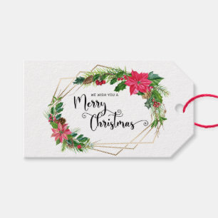 Étiquettes-cadeau Joyeux Script de Noël Floral avec cadre doré