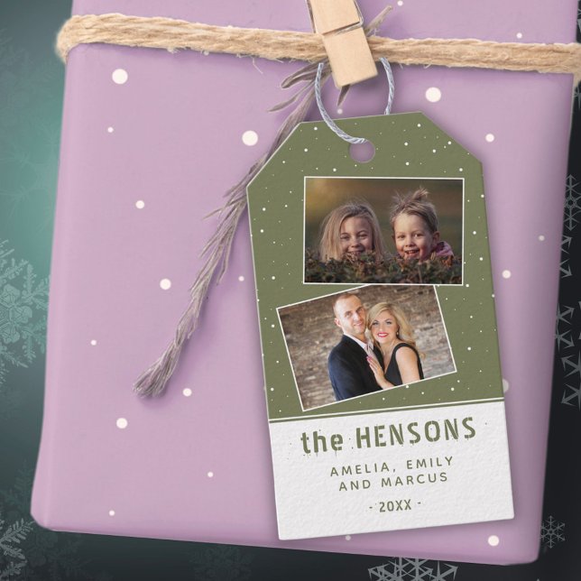 Étiquettes-cadeau Joyeux Script Olive Green Holiday 2 Photo (Créateur téléchargé)