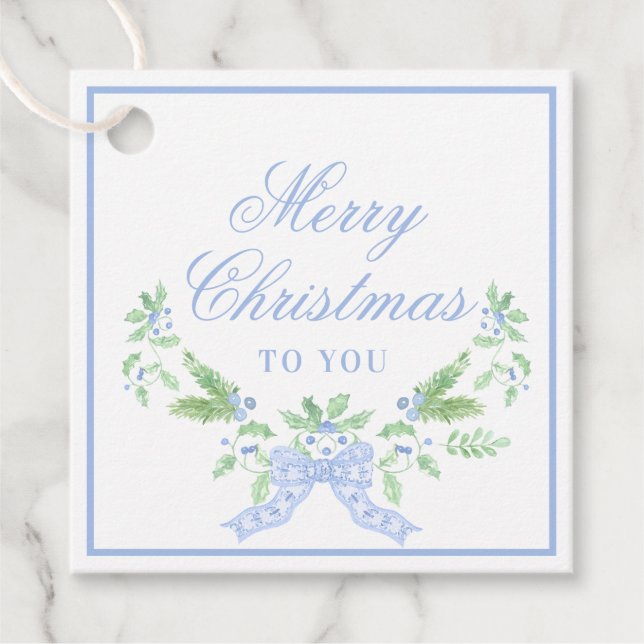Étiquettes Cadeau Joyeux Swag de Noël avec Bleu Bow (Devant)
