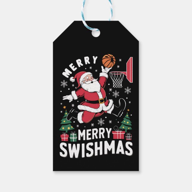 Étiquettes-cadeau Joyeux Swishmas Noël Père Noël Jouer Basketball (Dos)