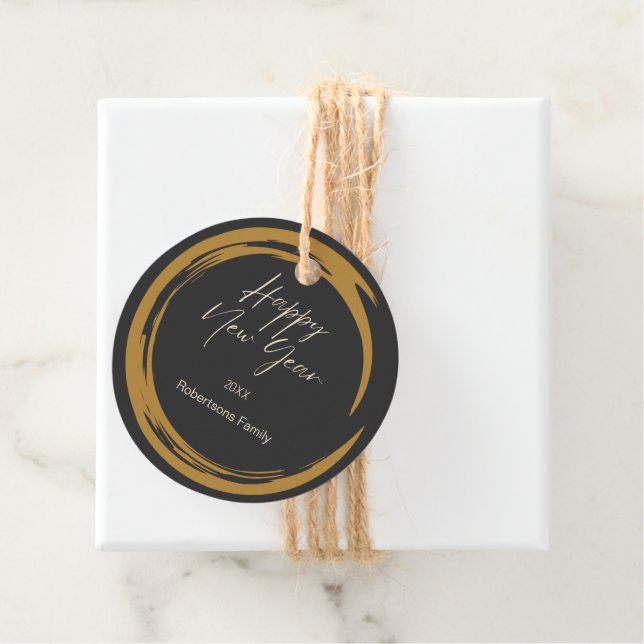 Étiquettes Cadeau Joyeux texte du Nouvel An anneau de tache d'or gri (En situation)