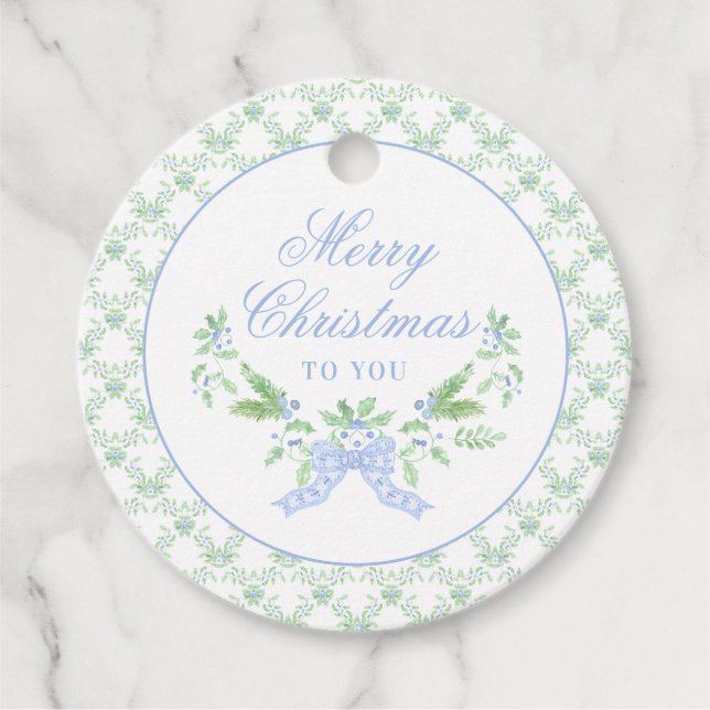Étiquettes Cadeau Joyeux Trellis de Noël et Swag avec Bleu Bow (Devant)