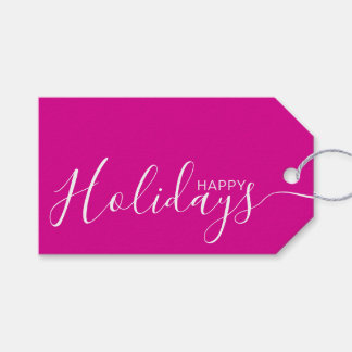 Étiquettes-cadeau Joyeux Vacances Hot rose blanc minimaliste