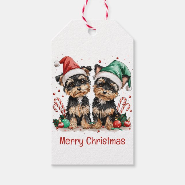 Étiquettes-cadeau Joyeux Yorkshire Terrier Chiens de Noël (Devant)