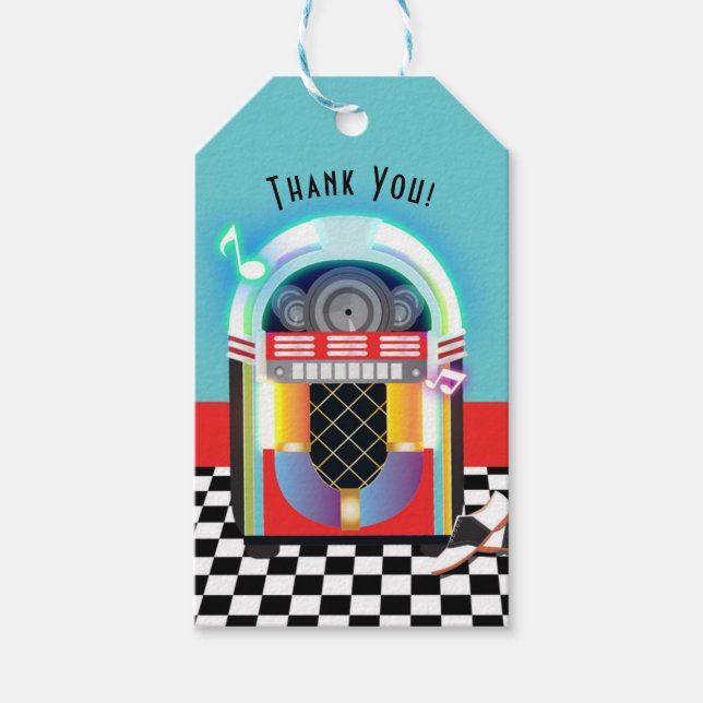 Étiquettes-cadeau Jukebox Red Favor de la soirée de danse de sock Ho (Devant)