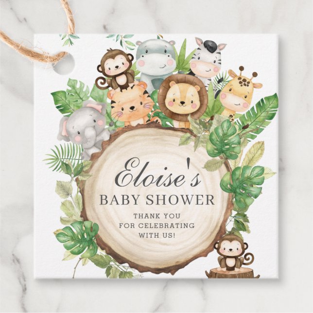 Étiquettes Cadeau Jungle verdoyante Animaux Baby shower Merci (Devant)
