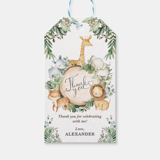 Étiquettes-cadeau Jungle verdoyante Safari Animaux sauvages Un anniv (Devant)