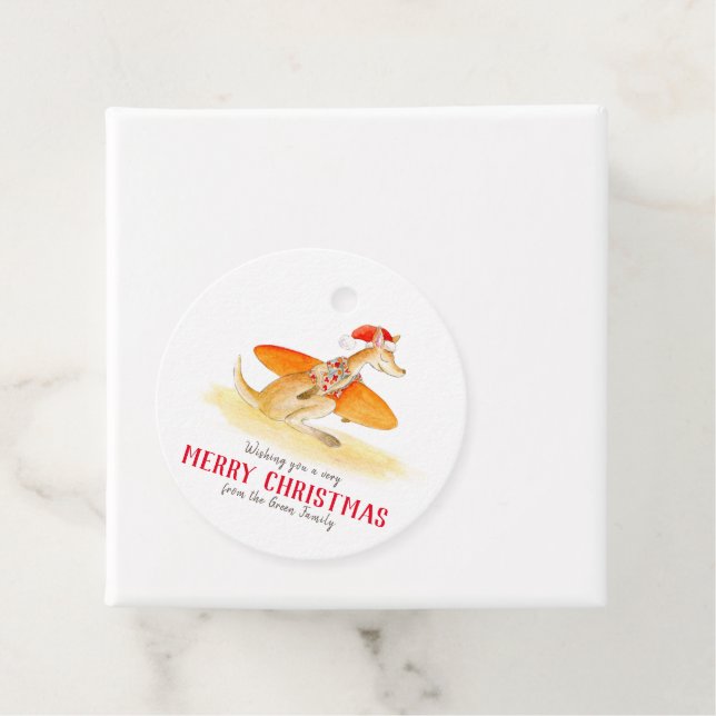 Étiquettes Cadeau Kangourou de surf mignon aquarelle Noël (En situation)