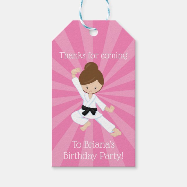 Étiquettes-cadeau Karate Party Favoriser rose Brown cheveux fille ca (Devant)