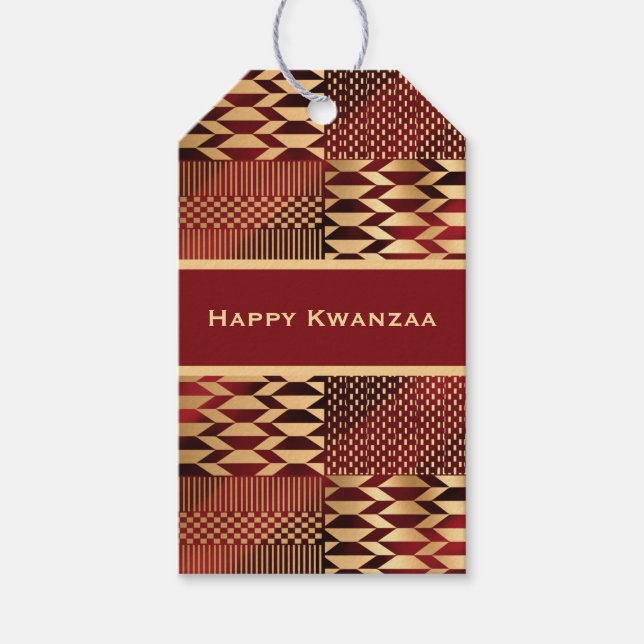Étiquettes-cadeau Kente rouge et or 'Happy Kwanzaa' (Devant)