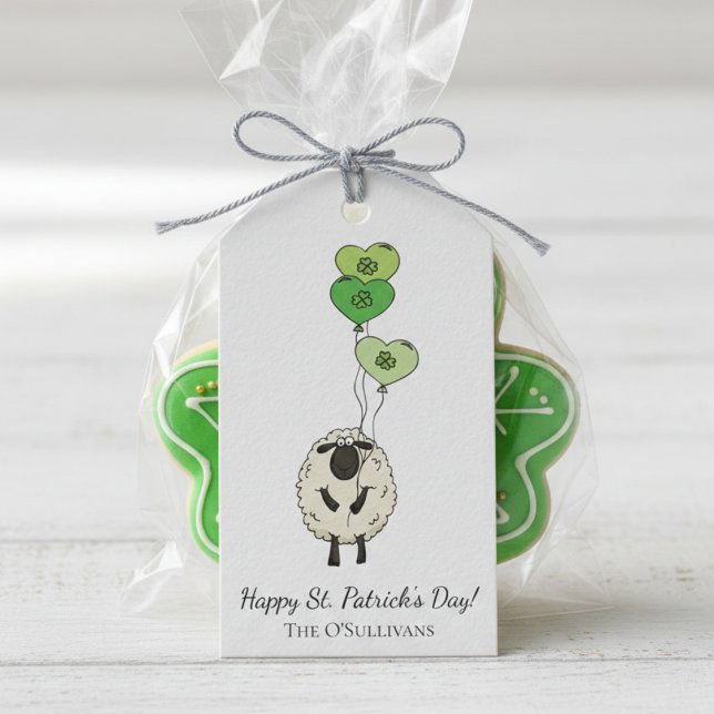 Étiquettes-cadeau Kids St. Patrick’s Day Sheep & Shamrock (Cute Kids Happy St Patrick's Day Gift Tags. Irish Sheep Drawing with Green Shamrock Heart Balloons)