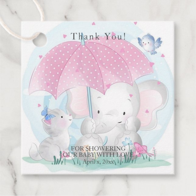 Étiquettes Cadeau Kit parapluie éléphant bébé douches papillons (Devant)