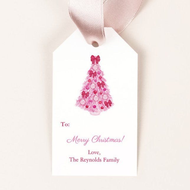 Étiquettes-cadeau Kitsch Pink Christmas Tree Red Bows Vacances (Pink holidays tree decorated in red baubles and bows merry christmas gift tags)