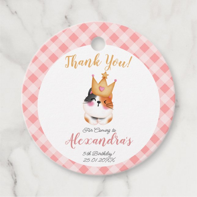 Étiquettes Cadeau Kitten Meow Couronne rose Fille Kitty Chat Anniver (Devant)