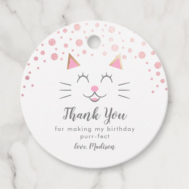 Étiquettes Cadeau Kitty Chat rose or fête d'anniversaire (Devant)