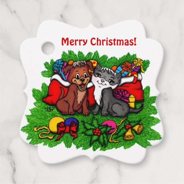 Étiquettes Cadeau Kitty et chiot, Happy XMas (Devant)