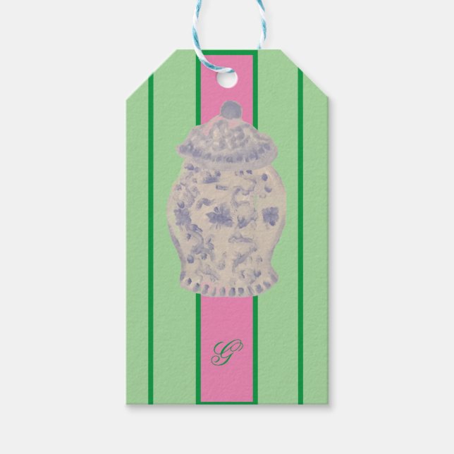 Étiquettes-cadeau Kraft Monogram Green Chinoiserie Ginger Jar Jars (Devant)