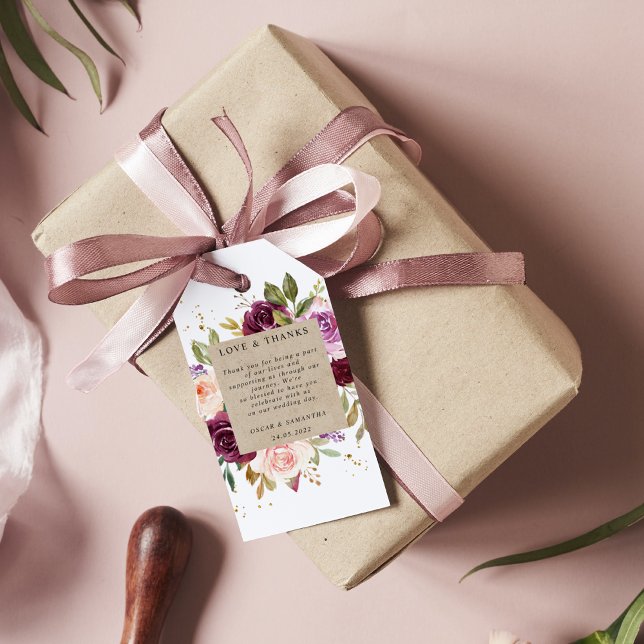 Étiquettes-cadeau Kraft Moody & Rustique Bourgogne Cadre Floral & Or (Créateur téléchargé)